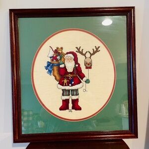 Vintage Framed cross-stitch of Santa Claus, Vintage Christmas wall Hanging